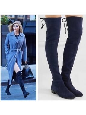Stuart Weitzman Lowland Over-The-Knee Suede Boots in Navy Size 5